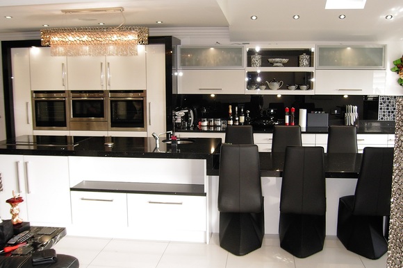 High Gloss White Acrylic with Black Granite Bespoke Fitted Kitchen